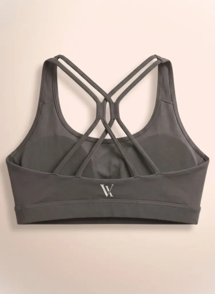 Vauxelle charcoal gray sports bra racerback flat lay