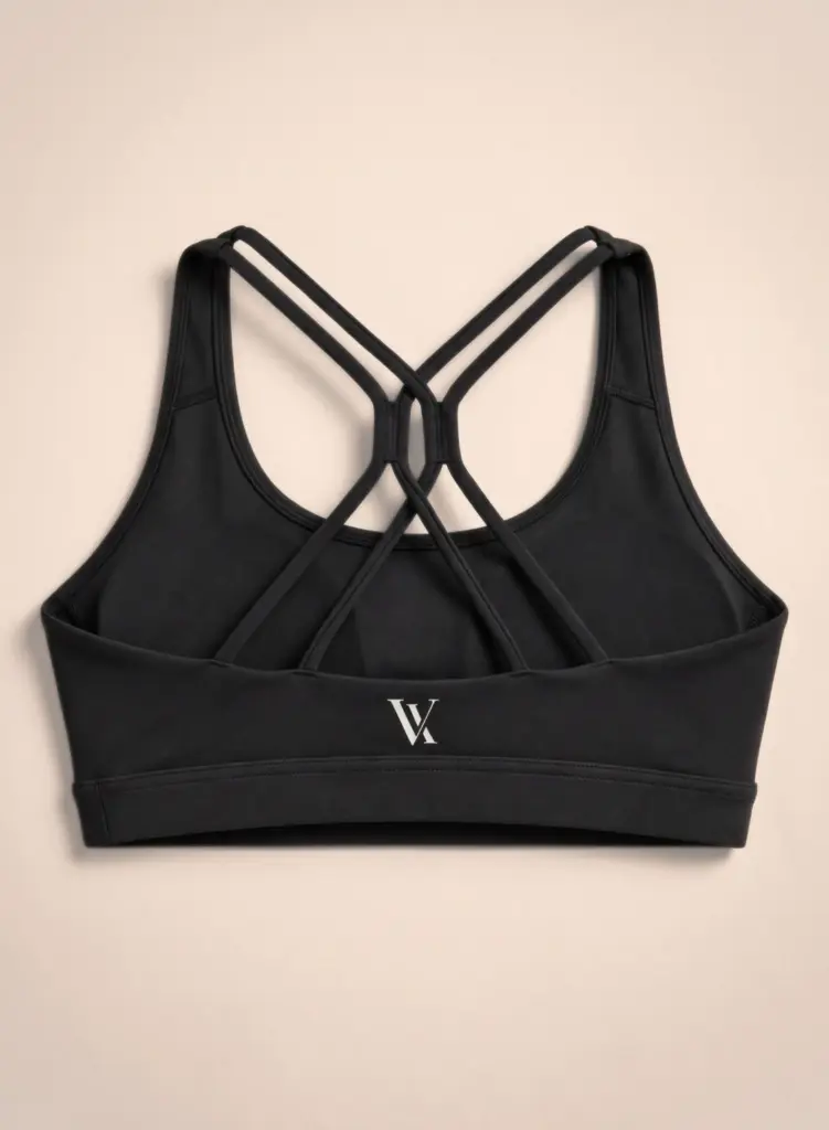 Vauxelle black sports bra racerback flat lay